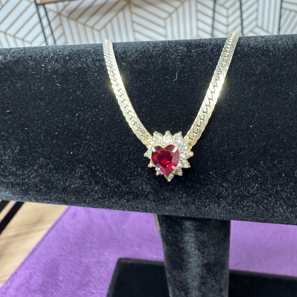 Gold Tone Necklace with Red Heart Pendant